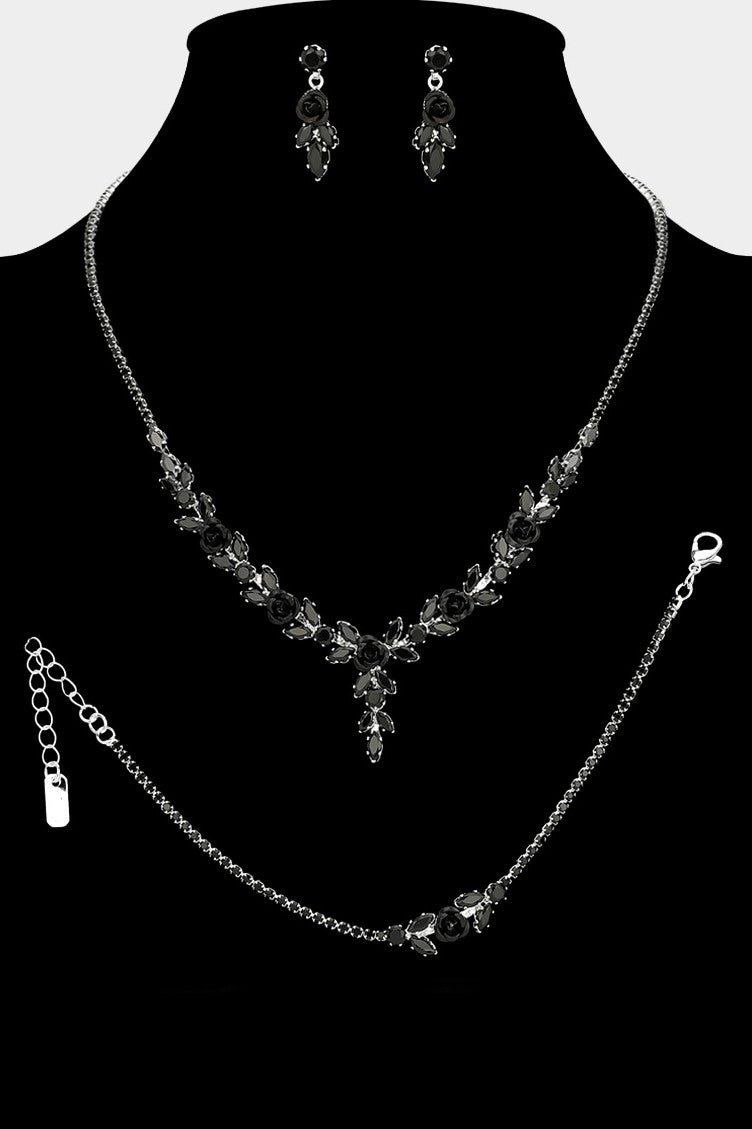Marquise Cluster Rhinestone Jewelry Set - Black