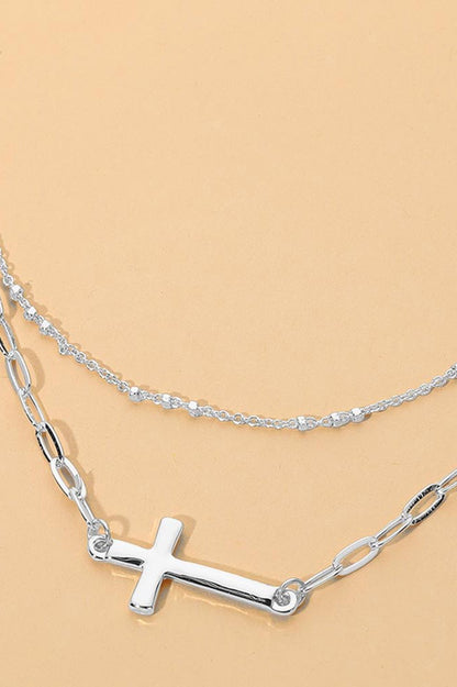 Cross Chain Layered Necklace - Silver