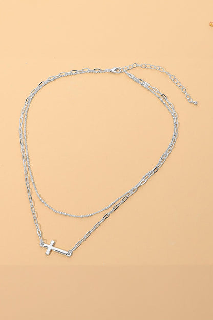 Cross Chain Layered Necklace - Silver
