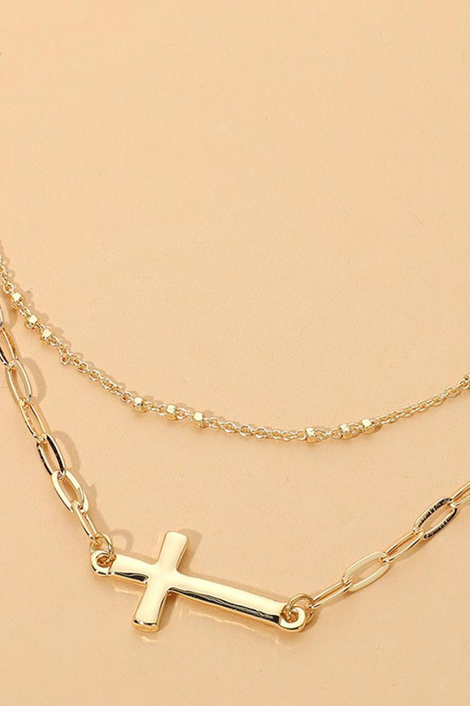Cross Chain Layered Necklace - Gold