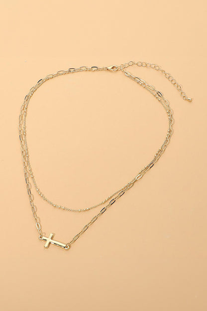 Cross Chain Layered Necklace - Gold