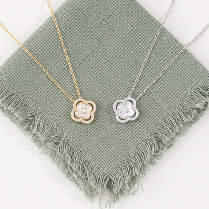 Mother Of Pearl Clover Pendant Necklace - Silver