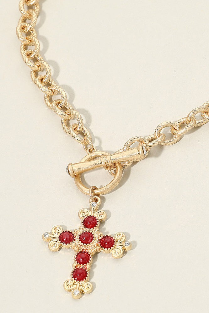 Stone Ornate Cross Charm Toggle Necklace