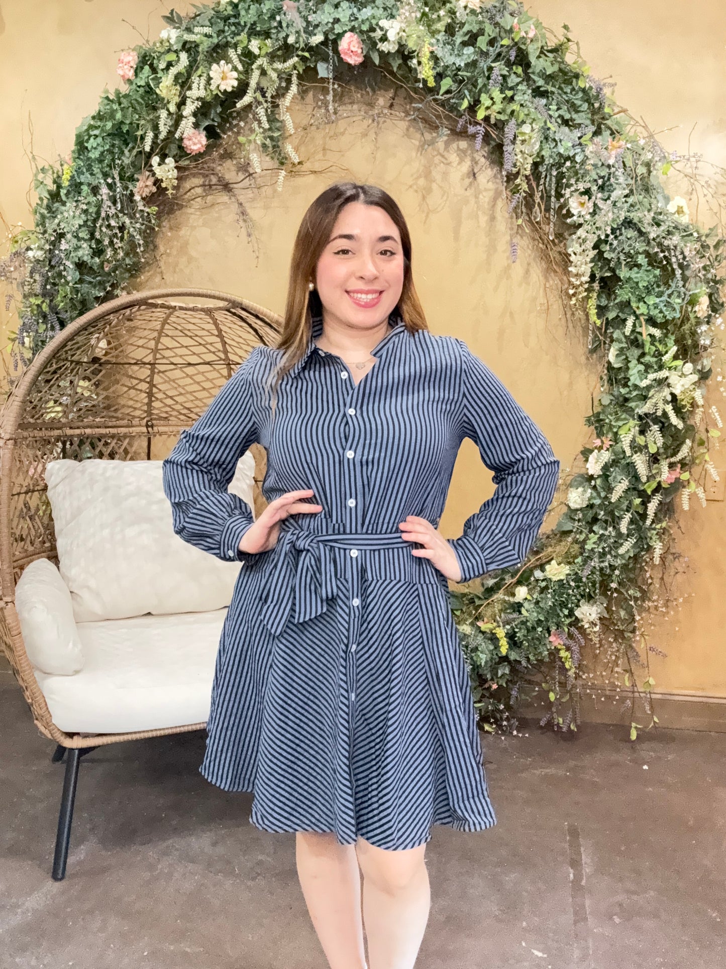 The Striped Ledger Mini Dress- Navy