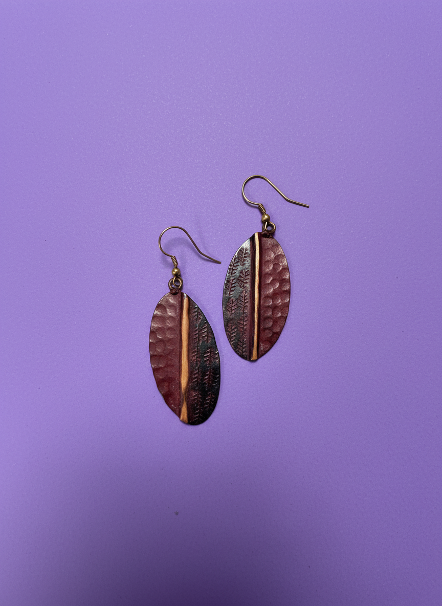 Copper Patina Earrings - Red Feathers
