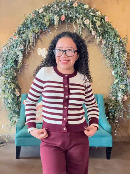 Casual Charm Cardigan - Ivory/Burgundy