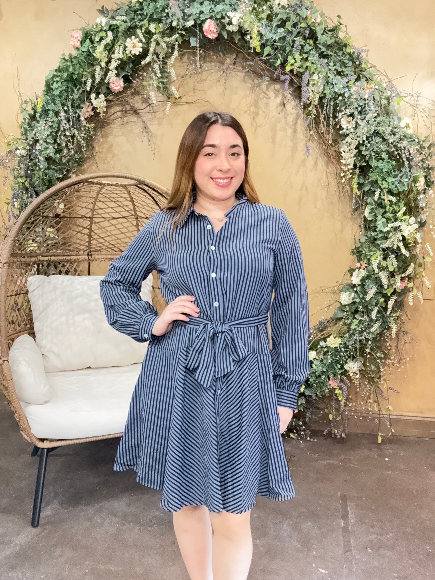 The Striped Ledger Mini Dress- Navy