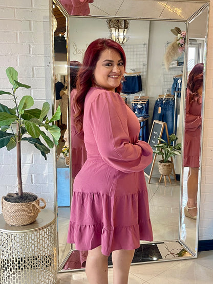 Full Heart Long Sleeve Mini Dress-  Mauve