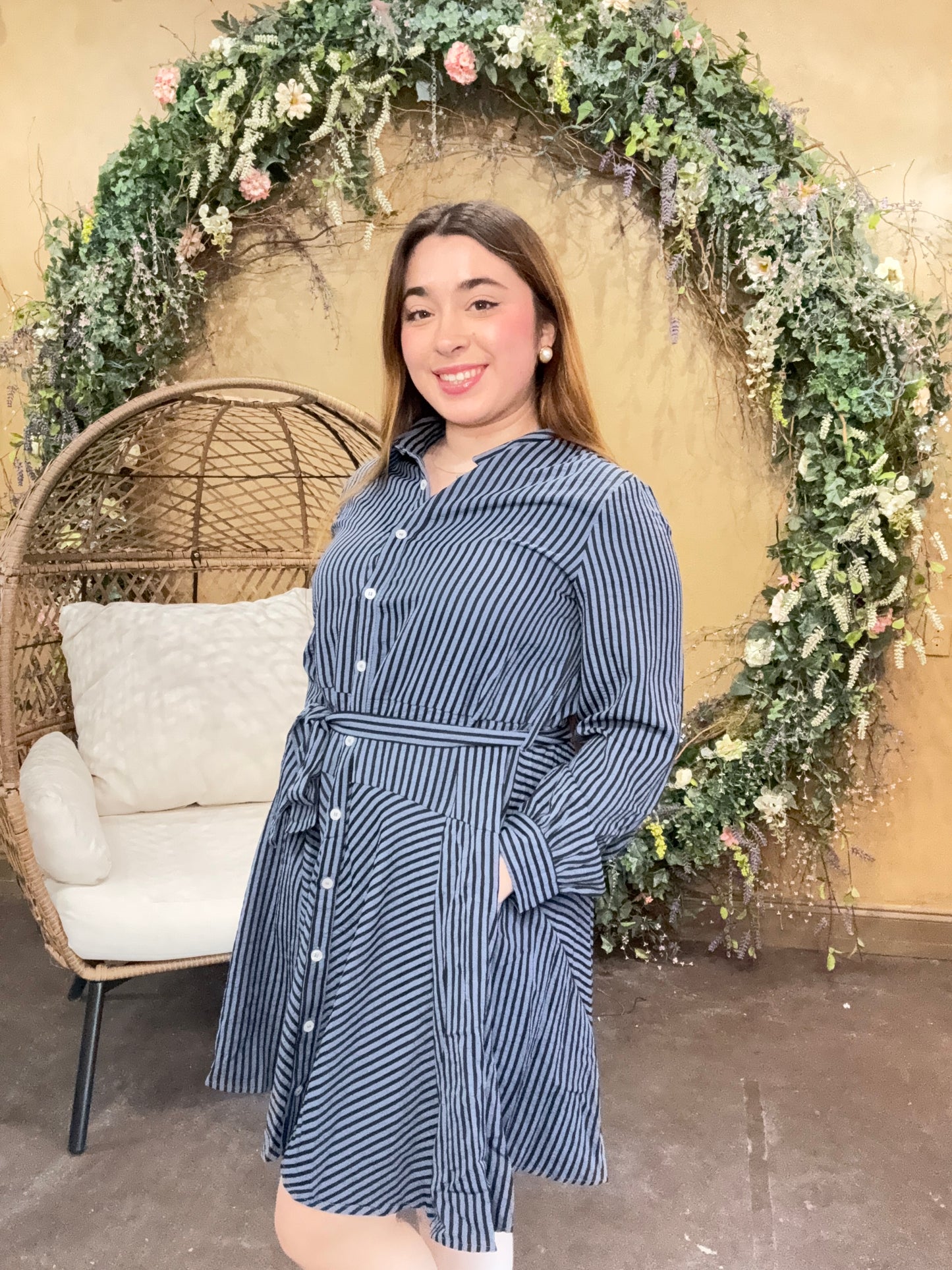 The Striped Ledger Mini Dress- Navy