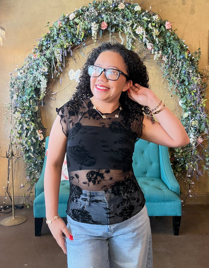 Velvet Petals Mesh Top - Black