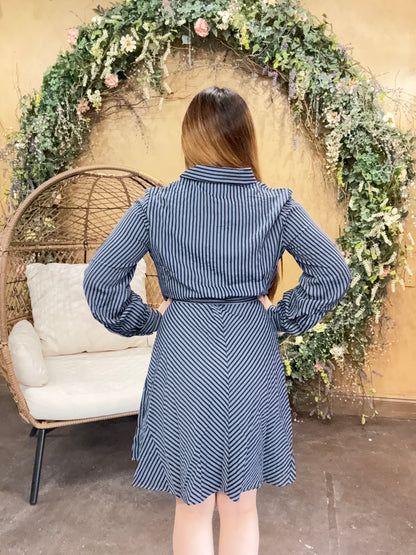 The Striped Ledger Mini Dress- Navy