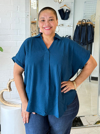 The Fall Shift Blouse - Teal Blue