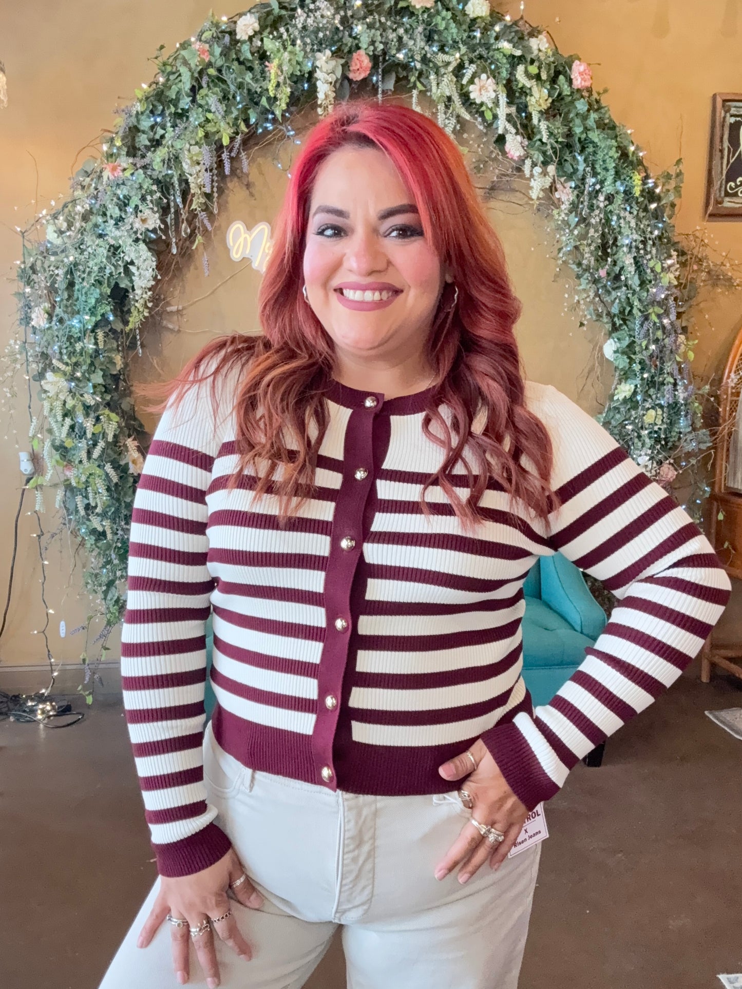 Casual Charm Cardigan - Ivory/Burgundy