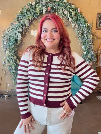 Casual Charm Cardigan - Ivory/Burgundy