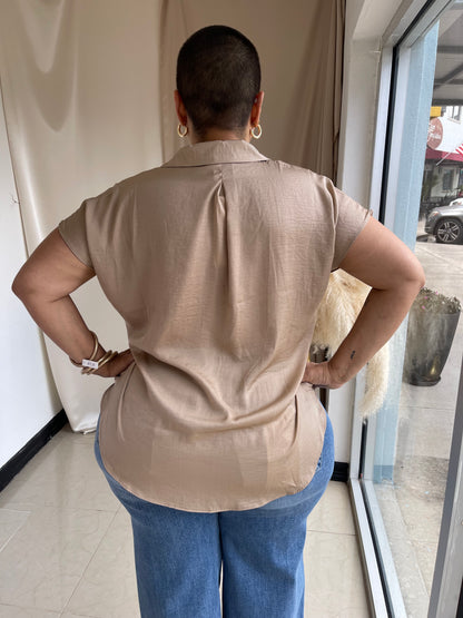 The Sofia Silky Button-Up- Taupe