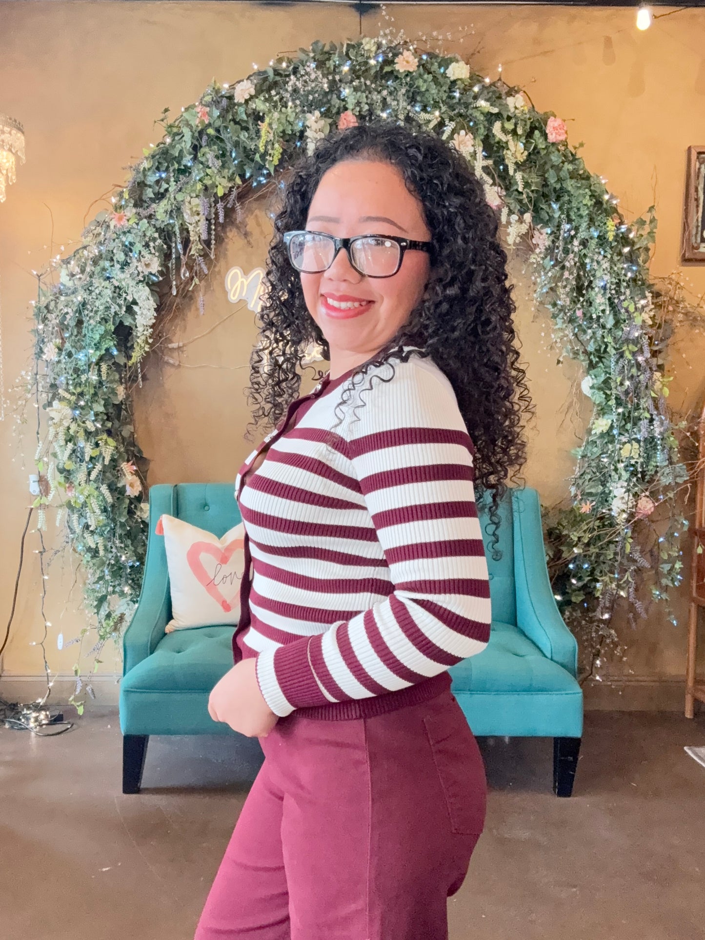 Casual Charm Cardigan - Ivory/Burgundy
