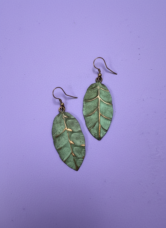 Copper Patina Earrings - Teal Leaf