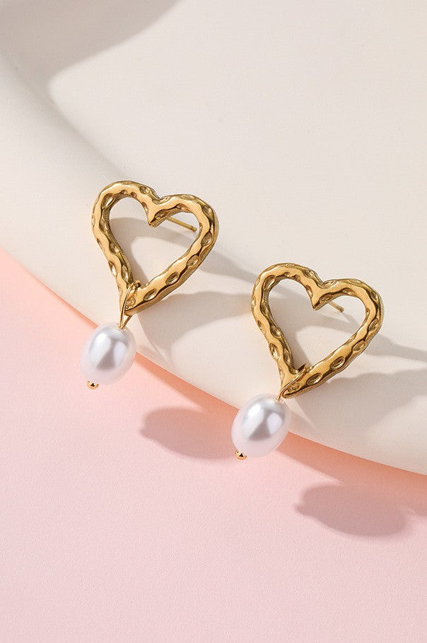 Hammered Heart & Pearl Earrings