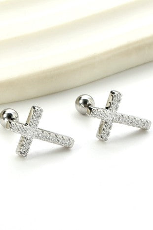 Rhinestone Cross Stud Earrings - Silver
